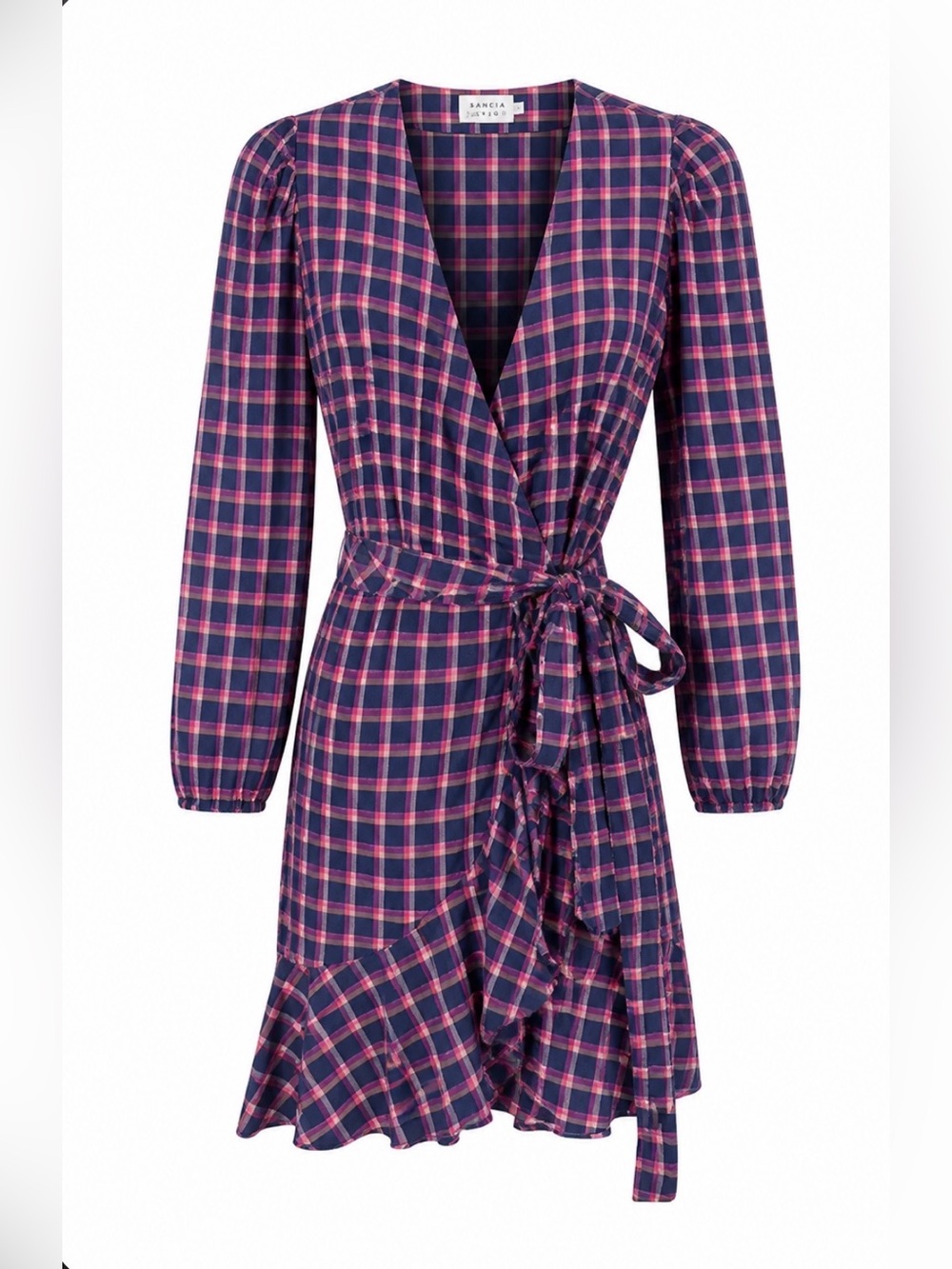 Tanya Taylor navy pink plaid wrap dress ruffle hem long sleeve size Sz 4